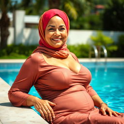 A captivating portrait of an older Muslim woman wearing a vibrant hijab, lounging elegantly by a shimmering poolside