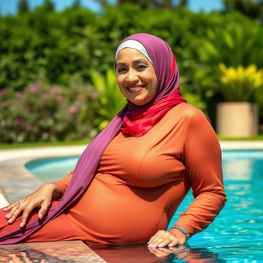 A captivating portrait of an older Muslim woman wearing a vibrant hijab, lounging elegantly by a shimmering poolside