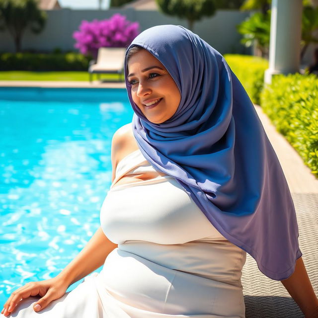 A captivating portrait of an older Muslim woman wearing a vibrant hijab, lounging elegantly by a shimmering poolside