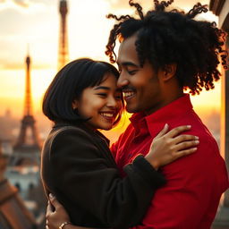 A charming scene in Paris during sunset, featuring a tan-skinned man with long curly black hair wearing a vibrant red shirt, who is giving a warm hug to a miniature brunette with a chic bob haircut