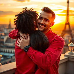 A charming scene in Paris during sunset, featuring a tan-skinned man with long curly black hair wearing a vibrant red shirt, who is giving a warm hug to a miniature brunette with a chic bob haircut