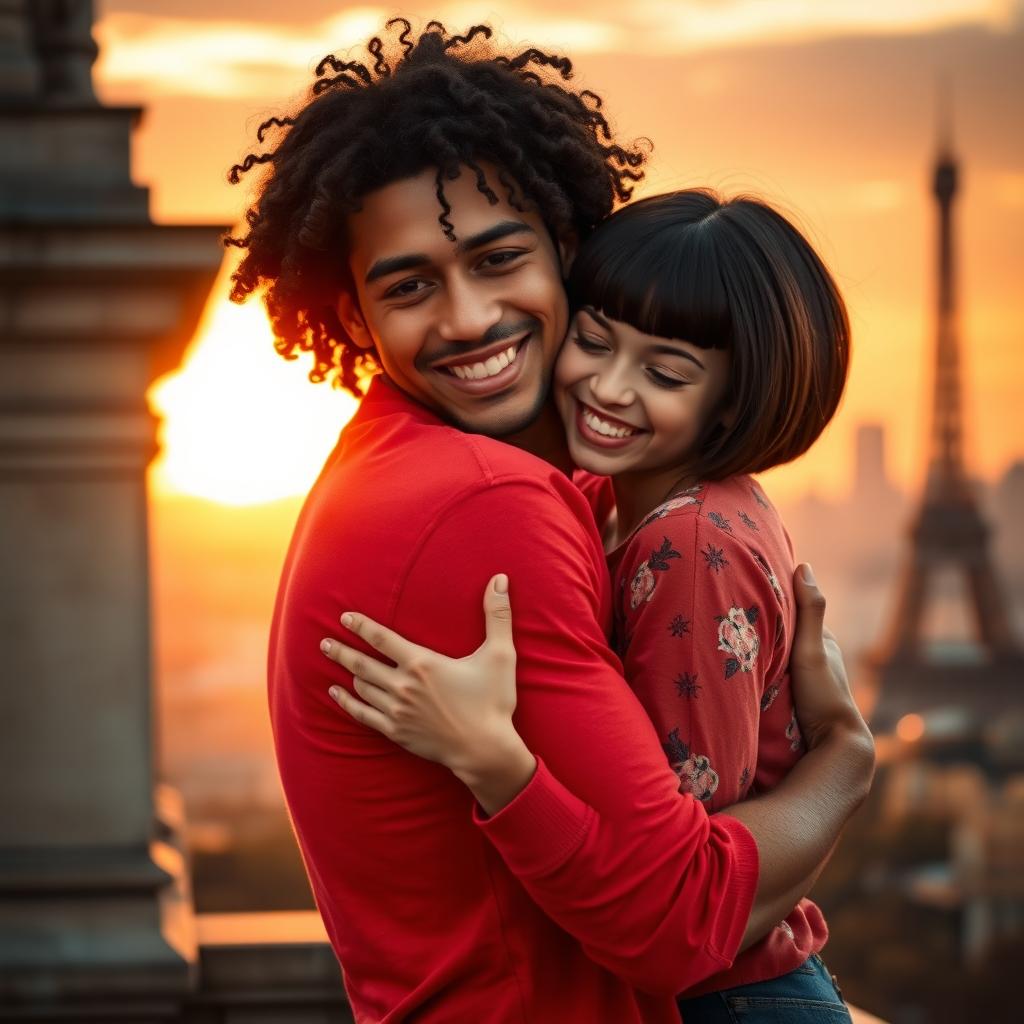A charming scene in Paris during sunset, featuring a tan-skinned man with long curly black hair wearing a vibrant red shirt, who is giving a warm hug to a miniature brunette with a chic bob haircut