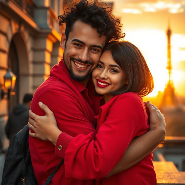 A charming scene in Paris during sunset, featuring a tan-skinned man with long curly black hair wearing a vibrant red shirt, who is giving a warm hug to a miniature brunette with a chic bob haircut