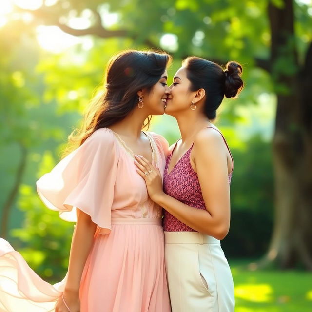 A warm and intimate moment between Kriti Senon and Anushka Sharma, two dazzling Indian actresses, captured in a beautiful outdoor setting