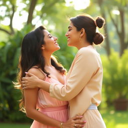 A warm and intimate moment between Kriti Senon and Anushka Sharma, two dazzling Indian actresses, captured in a beautiful outdoor setting