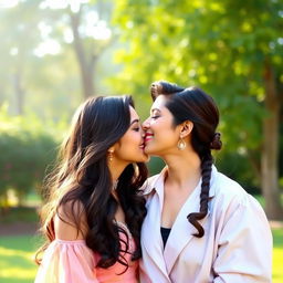 A warm and intimate moment between Kriti Senon and Anushka Sharma, two dazzling Indian actresses, captured in a beautiful outdoor setting