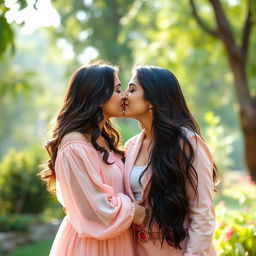 A warm and intimate moment between Kriti Senon and Anushka Sharma, two dazzling Indian actresses, captured in a beautiful outdoor setting