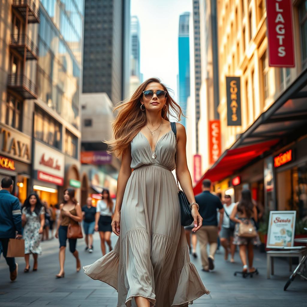 A confident and stunning Middle-Eastern woman in her 40s, embodying a glamorous style, walking gracefully through a vibrant cityscape filled with tall modern buildings and bustling streets