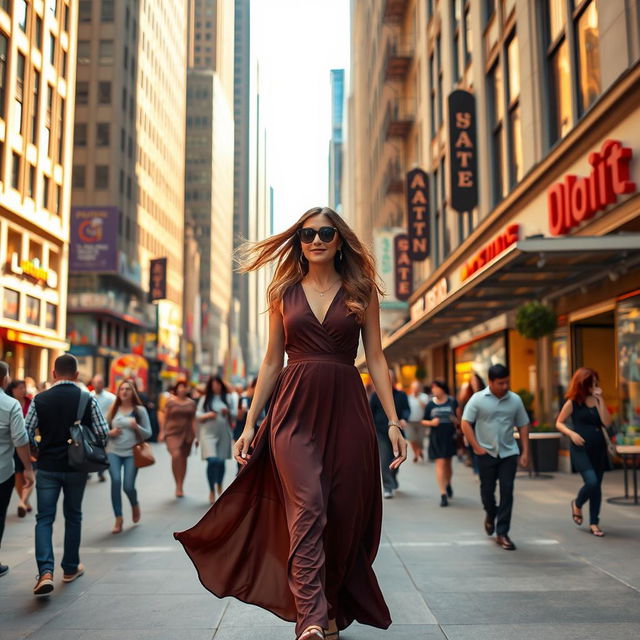 A confident and stunning Middle-Eastern woman in her 40s, embodying a glamorous style, walking gracefully through a vibrant cityscape filled with tall modern buildings and bustling streets