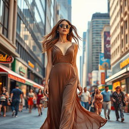 A confident and stunning Middle-Eastern woman in her 40s, embodying a glamorous style, walking gracefully through a vibrant cityscape filled with tall modern buildings and bustling streets