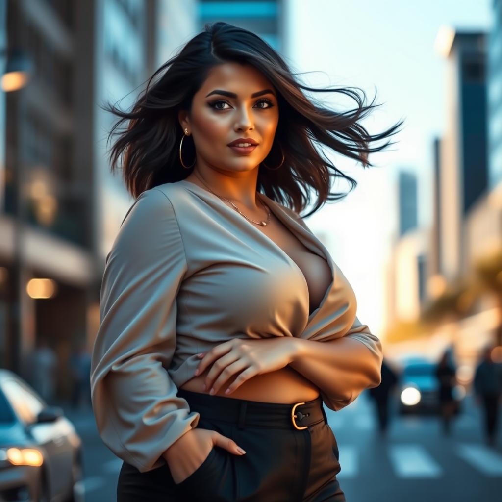 A stunning portrait of a confident woman showcasing an elegant pose, standing in a sunlit urban setting