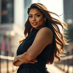 A stunning portrait of a confident woman showcasing an elegant pose, standing in a sunlit urban setting