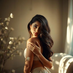 A sensual portrait of a woman resembling Anushka Sharma, depicted in a tasteful and aesthetically pleasing manner