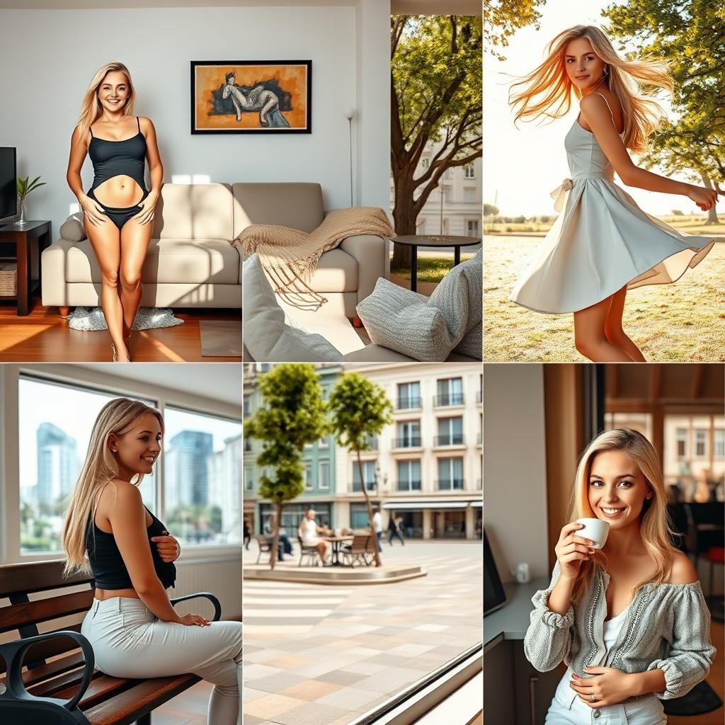 A series of attractive photographs featuring a slim, 18-year-old blonde European girl, standing at 170 cm tall, showcasing her in various settings