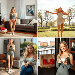 A series of attractive photographs featuring a slim, 18-year-old blonde European girl, standing at 170 cm tall, showcasing her in various settings