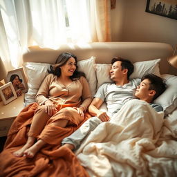 A cozy bedroom scene depicting a mother and her young adult son relaxing comfortably in bed