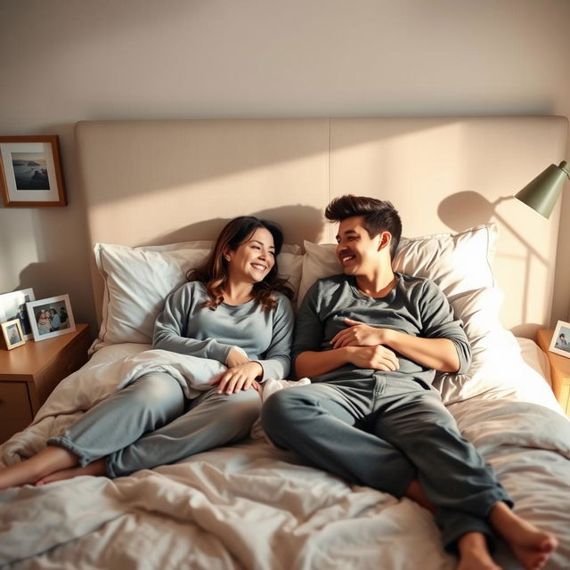 A cozy bedroom scene depicting a mother and her young adult son relaxing comfortably in bed