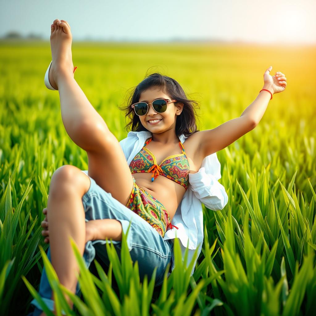 A vibrant scene featuring a cute Indian boy and a 16-year-old Indian girl, both wearing fashionable sunglasses, playfully enjoying a sunny day in a lush paddy plant field