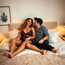 A stylish bedroom scene showcasing a confident, voluptuous woman in bed with her younger boyfriend