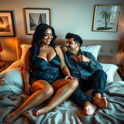 A stylish bedroom scene showcasing a confident, voluptuous woman in bed with her younger boyfriend