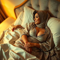 A sultry scene showing a confident and attractive woman with a curvy figure lying in bed with her young boyfriend