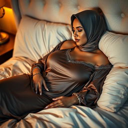 A sultry scene showing a confident and attractive woman with a curvy figure lying in bed with her young boyfriend