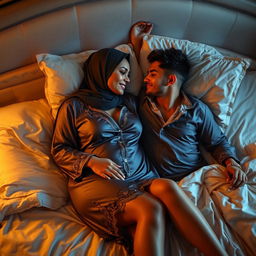 A sultry scene showing a confident and attractive woman with a curvy figure lying in bed with her young boyfriend