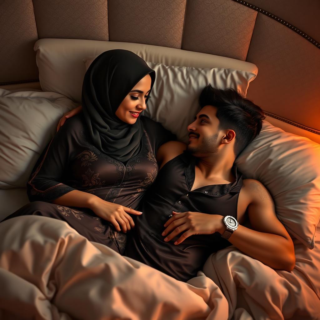 A sultry scene showing a confident and attractive woman with a curvy figure lying in bed with her young boyfriend