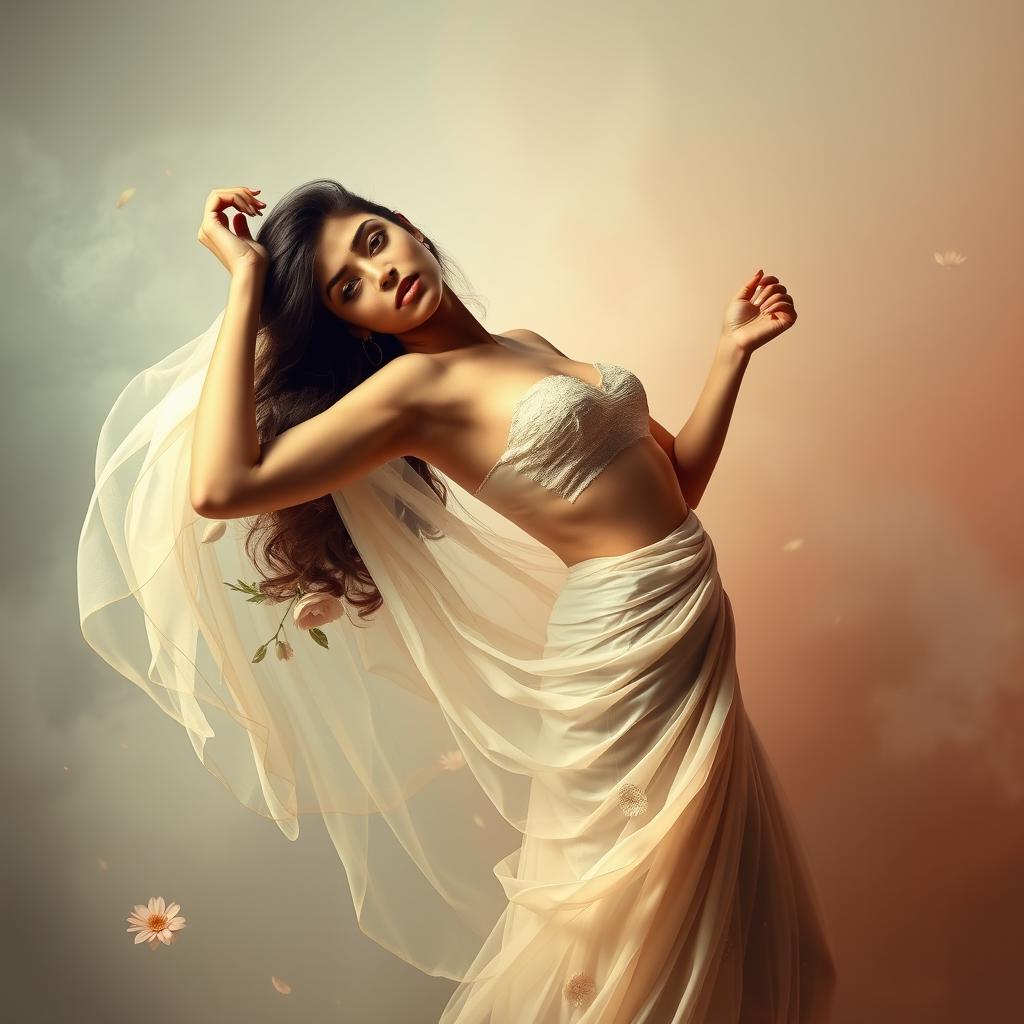 A conceptual artistic interpretation of femininity and beauty, inspired by the essence of Deepika Padukone, showcasing elegant poses and soft, ethereal lighting