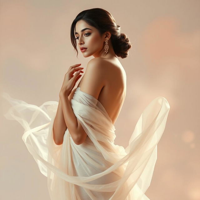 A conceptual artistic interpretation of femininity and beauty, inspired by the essence of Deepika Padukone, showcasing elegant poses and soft, ethereal lighting