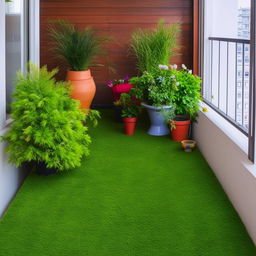 A cozy balcony space covered with aritificial grass and decorated with multi-coloured flower pots. Add various cool and creative elements to make the space more inviting and lively.