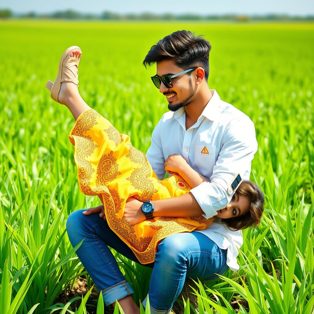A cute Indian boy and a 16-year-old Indian girl are playfully enjoying each other's company in a lush paddy plant field