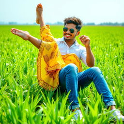 A cute Indian boy and a 16-year-old Indian girl are playfully enjoying each other's company in a lush paddy plant field