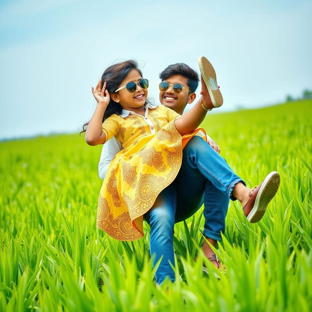 A cute Indian boy and a 16-year-old Indian girl are playfully enjoying each other's company in a lush paddy plant field