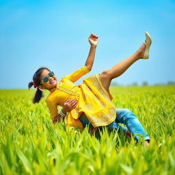 A cute Indian boy and a 16-year-old Indian girl are playfully enjoying each other's company in a lush paddy plant field