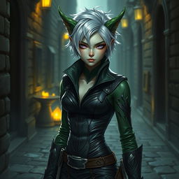 An androgynous changeling rogue, featuring dual-tone skin that shimmers with both green and silver hues