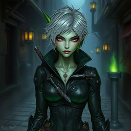 An androgynous changeling rogue, featuring dual-tone skin that shimmers with both green and silver hues
