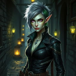An androgynous changeling rogue, featuring dual-tone skin that shimmers with both green and silver hues