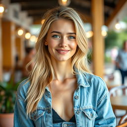 A beautiful and sexy image of an 18-year-old slim blonde European girl, standing at 170 cm tall