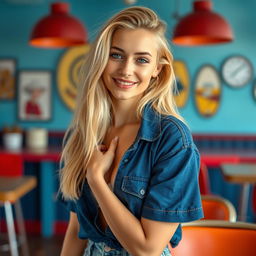 A beautiful and sexy image of an 18-year-old slim blonde European girl, standing at 170 cm tall