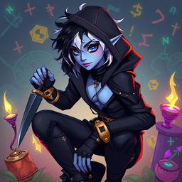 An androgynous 2D Dungeons & Dragons changeling rogue, featuring vibrant, stylized artwork