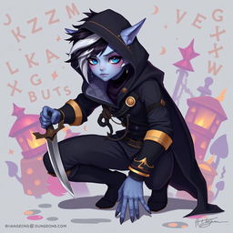 An androgynous 2D Dungeons & Dragons changeling rogue, featuring vibrant, stylized artwork