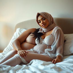 A sensual and intimate scene depicting a curvy mother figure in bed with her younger boyfriend