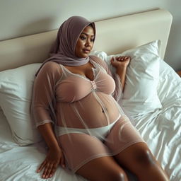 A sensual and intimate scene depicting a curvy mother figure in bed with her younger boyfriend