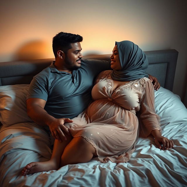 A sensual and intimate scene depicting a curvy mother figure in bed with her younger boyfriend