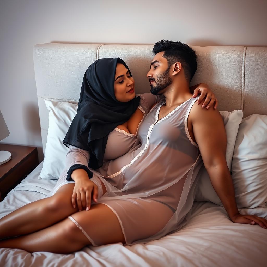 A sensual and intimate scene depicting a curvy mother figure in bed with her younger boyfriend