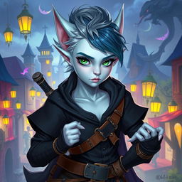 An androgynous 2D Dungeons & Dragons changeling rogue, characterized by their unique appearance with iridescent pale skin that shifts between soft blues and silvers