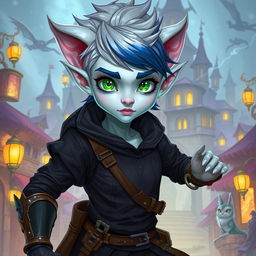 An androgynous 2D Dungeons & Dragons changeling rogue, characterized by their unique appearance with iridescent pale skin that shifts between soft blues and silvers