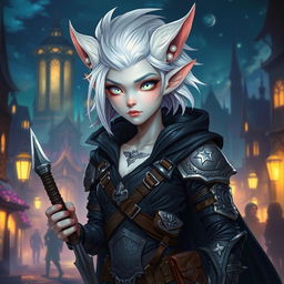 An androgynous 2D Dungeons & Dragons changeling rogue with striking white hair and luminous white eyes, giving an ethereal appearance