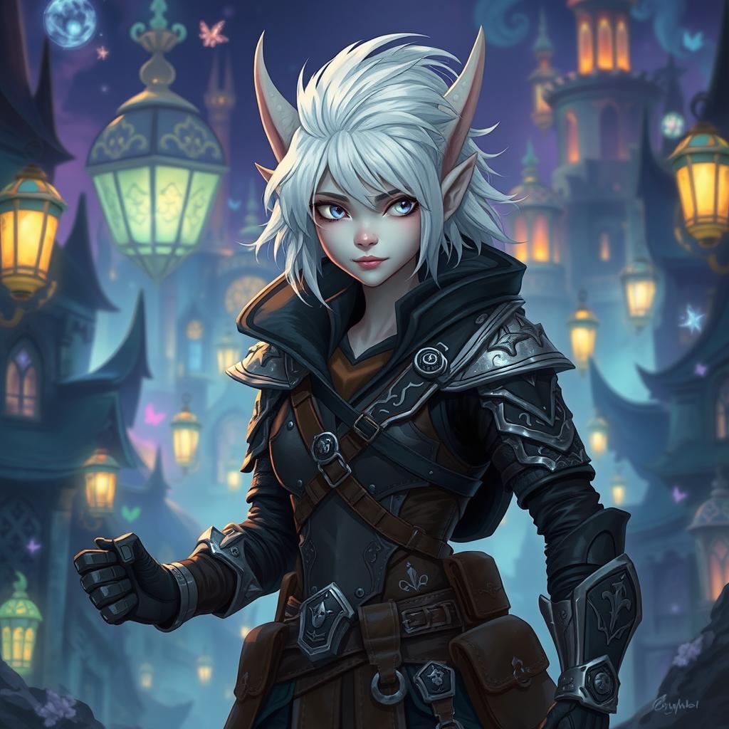 An androgynous 2D Dungeons & Dragons changeling rogue with striking white hair and luminous white eyes, giving an ethereal appearance